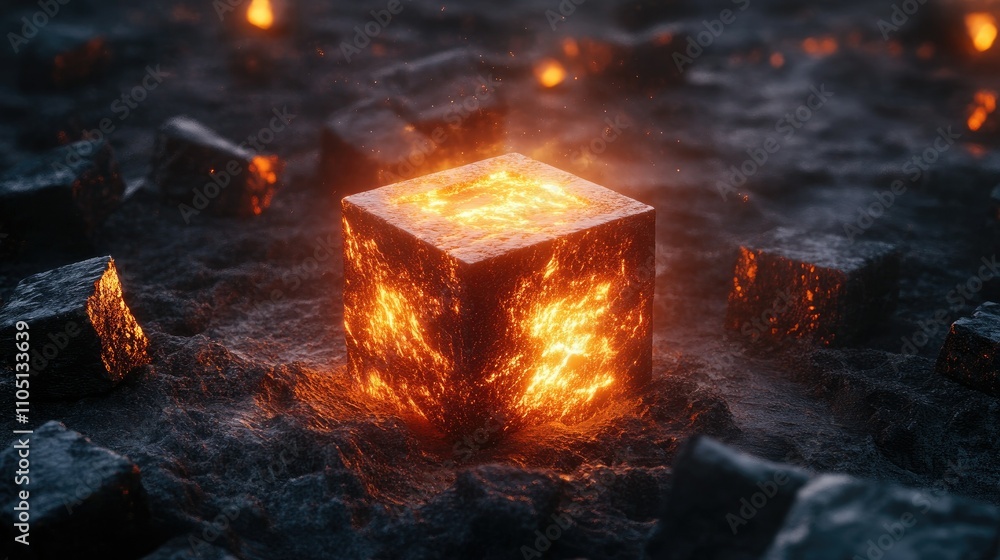 Poster a glowing cube surrounded by dark blocks, emitting intense light and heat, representing power and en