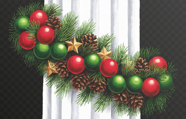 Vector realistic Christmas tree branch PNG. Christmas tree branch decorated with garland on a transparent background. Winter border.