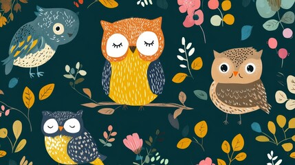 Cute Owls   Floral Pattern  Autumn Birds  Kids Wallpaper