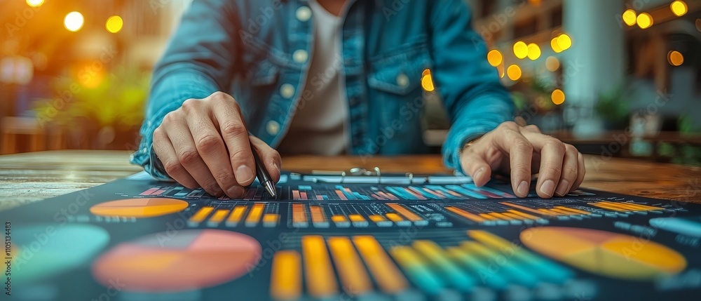 Poster person analyzing charts and data on table in bright office setting