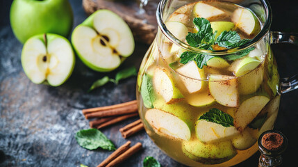 refreshing pitcher of apple cinnamon water with fresh mint leaves, surrounded by green apples and cinnamon sticks, creates cozy and inviting atmosphere