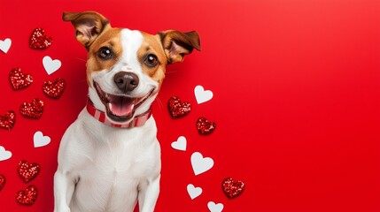 Cute jack russell terrier smiling with valentine's day hearts on red background with copy space