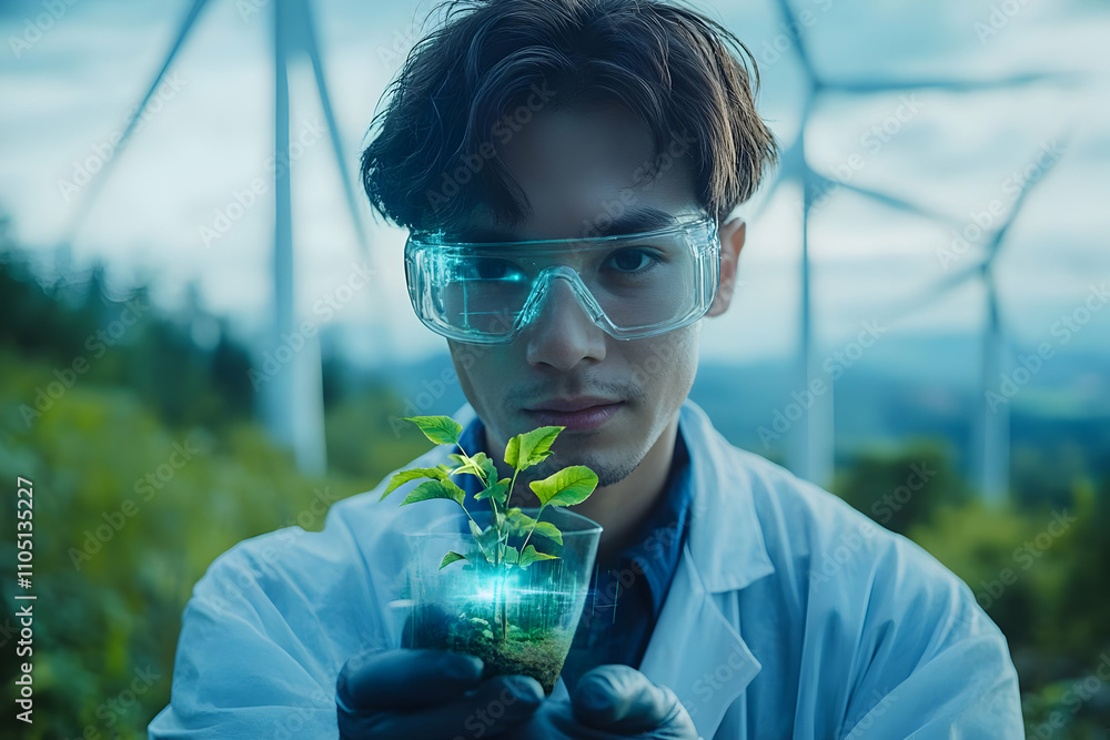 Poster Scientist holding a plant in a lab setting with wind turbines in the background.