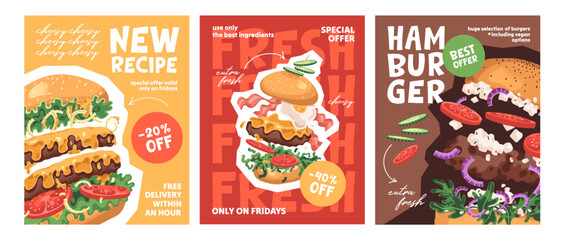 Designs of fast food vouchers, gift cards set. Templates of discount coupons with special offer, price off of hamburgers. Sale flyers of burgers in fastfood restaurant. Flat vector illustrations