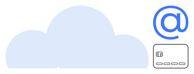 Large blue cloud with email notification symbol and credit card. Ideal for cyber security, cloud computing, data storage, online payments, digital transactions, communication, tech innovation. Line