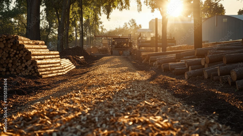 Poster A sunlit wood processing site with a dense layer of wood chips lining the path and neat stacks of logs, reflecting the efficient and responsible use of forest resources