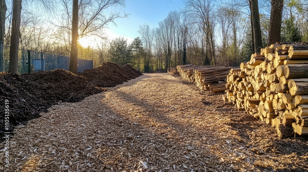 Poster A sunlit wood processing site with a dense layer of wood chips lining the path and neat stacks of logs, reflecting the efficient and responsible use of forest resources