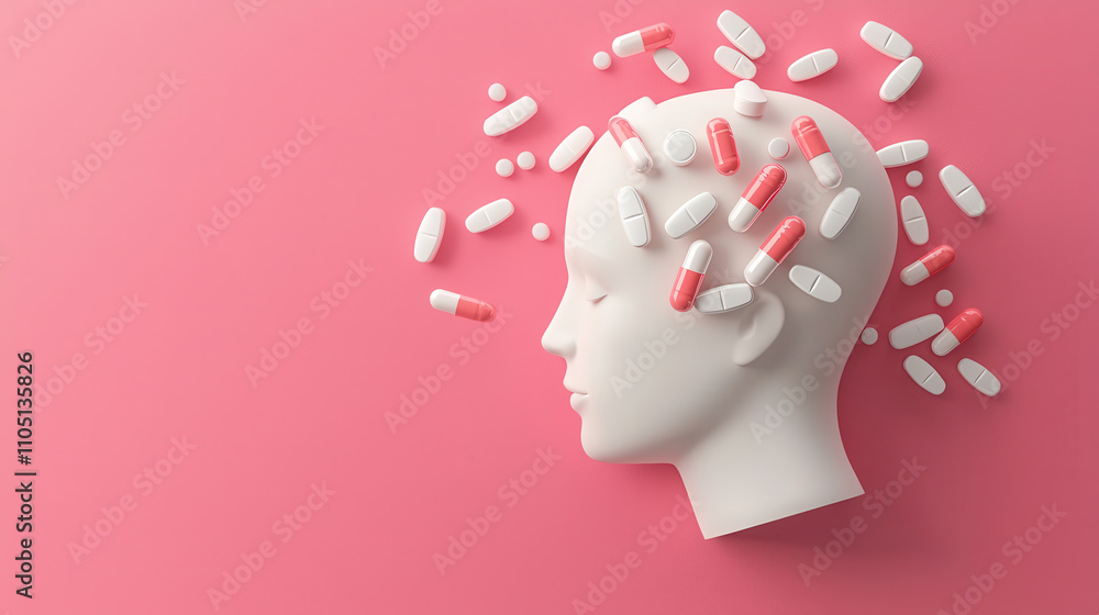 Poster 3d rendering of head profile with pills surrounding it, symbolizing health
