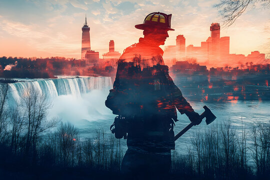 A firefighter silhouette against a vibrant urban and natural landscape.