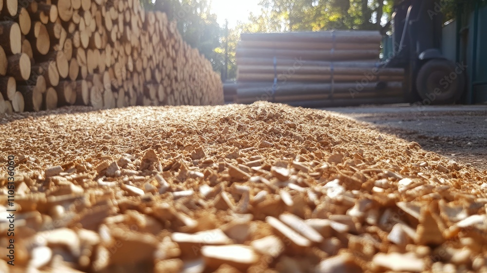 Poster A wood processing site showing a thick layer of wood chips spread across the ground with neat logs stacked in the sunlight, reflecting efficient and eco-friendly material handling