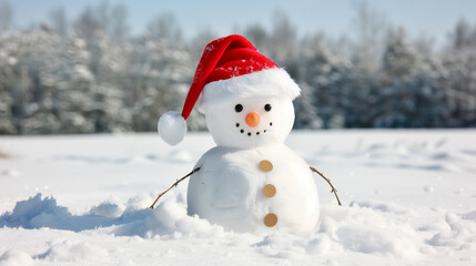 Fototapeta premium Cheerful Snowman with Santa Hat Enjoying Sunny Winter Day. Adorable Illustration for Advertising and Holiday Themes.
