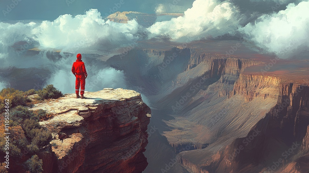 Poster an adventurer wearing a red suit stands on a cliff's edge, surveying the vast canyon below, with mis