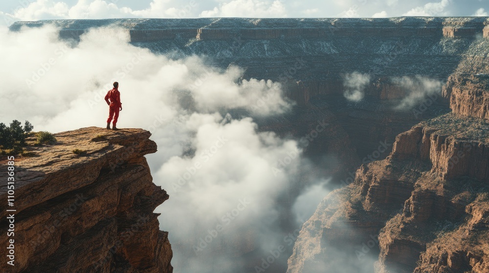 Poster an adventurer wearing a red suit stands on a cliff's edge, surveying the vast canyon below, with mis