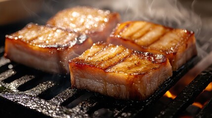 Grilling pork belly slices backyard barbecue food photography outdoor close-up culinary art