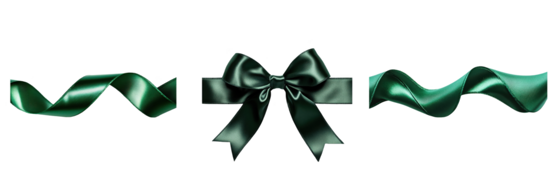Elegant green ribbon trio, satin bow centerpiece, flowing curls, festive and decorative design. Isolated on white background or PNG