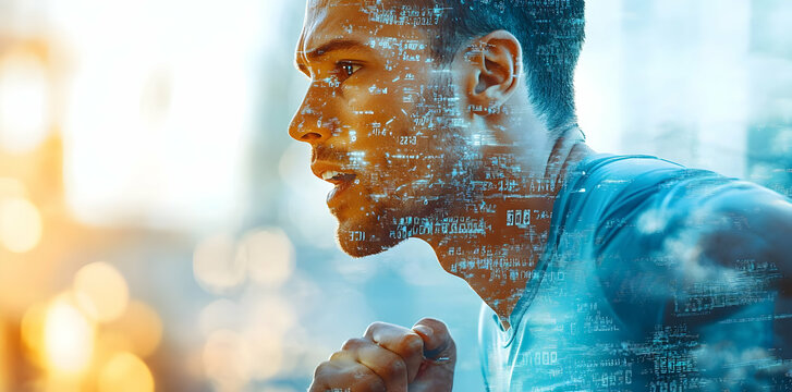 A runner in motion with digital data overlay, symbolizing performance and technology.