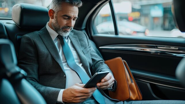 Busy Businessman Working in Luxury Car Interior on Mobile Device