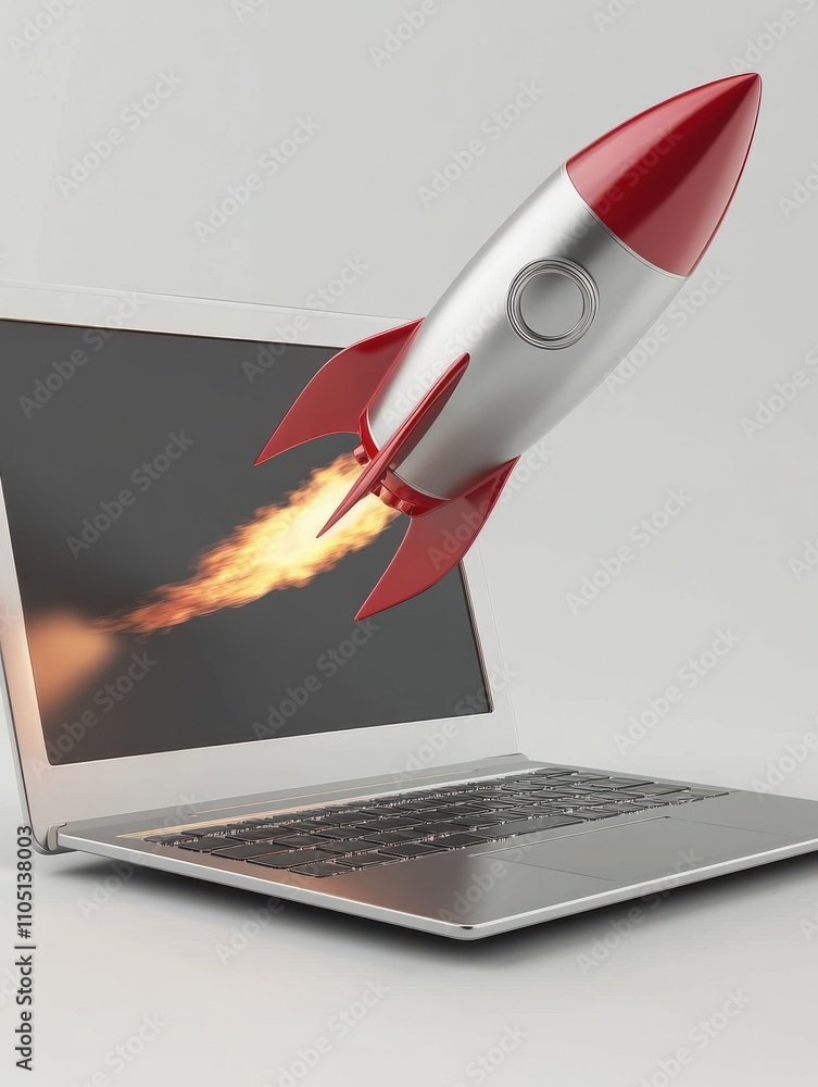 Poster startup concept with rocket flying out of laptop screen on grey background. 3d rendering