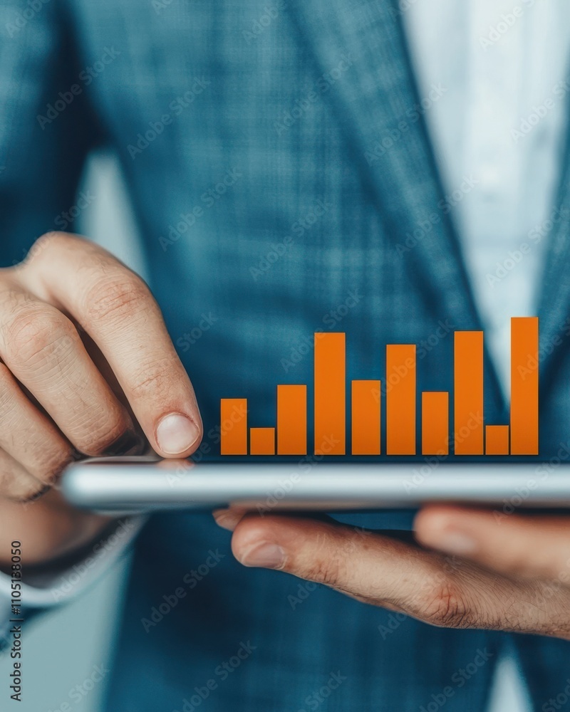 Poster a businessman interacts with a tablet displaying an orange bar graph, symbolizing data analysis and 