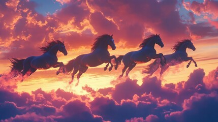 Clouds resembling three majestic horses racing in the sky, set against a backdrop of dramatic sunset colors.
