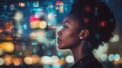 Woman  futuristic city  technology  digital overlay  bokeh lights