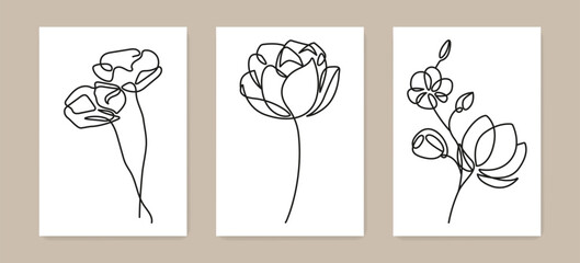 Vector Hand Drawn Continuous One Line Drawing of Abstract Flowers Set. Minimalist Trendy Contemporary One Line Floral Design for Wall Art, Prints, Social Media, Posters, Invitations, Branding Design.