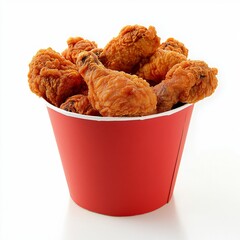 Delicious Crispy Fried Chicken small red Bucket - Front View - White Background - Close up