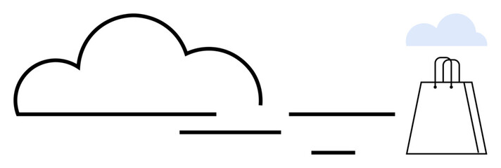 Black line cloud next to shopping bag filled with items. Ideal for e-commerce, online shopping, cloud technology, digital services, simplicity, consumer behavior, joy of shopping. Line metaphor