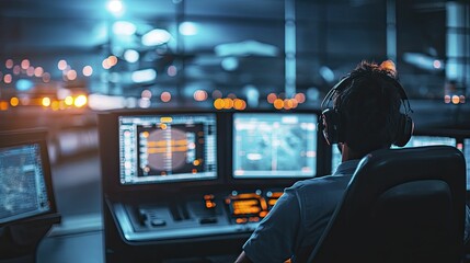 Aircraft separation highlighted in a busy air traffic control room, industrial theme, focused atmosphere, cool lighting.
