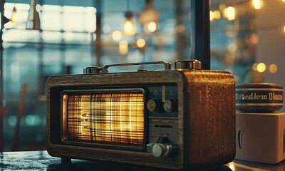 A vintage radio sits on a table, radiating warm light in a cozy, stylish environment.
