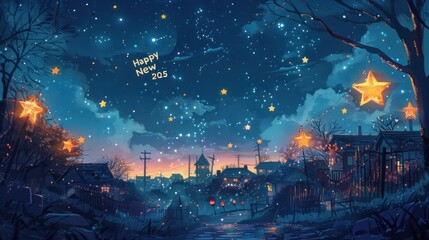 Magical New Year's Eve night scene in a small town with twinkling stars and festive lights.