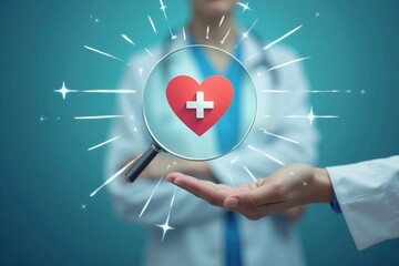 Healthcare professional holding a magnifying glass over a heart symbol with medical cross in a clinical setting