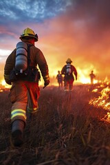 Firefighters executing incident containment at wildfire scene, dramatic sunset, intense colors, collaboration in challenging conditions, nature's impact