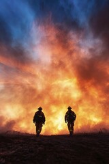 Fototapeta premium Firefighters managing wildfire containment, vibrant sunset hues, teamwork under pressure, showcasing nature's fierce beauty.