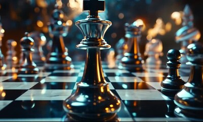 A close-up view of a chessboard featuring glass chess pieces in a dramatic setting.