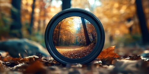 Camera lens is placed on the ground in a forest