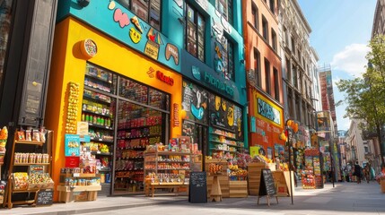 Naklejka premium Exploring a colorful candy store facade with vibrant displays in a lively urban environment for sweet treat enthusiasts