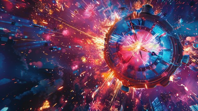 Exploding clock with vibrant fireworks celebrating midnight.