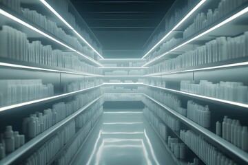 Fototapeta premium Pharmacy aisle with neatly organized medicine, bright lighting. National Pharmacist Day.