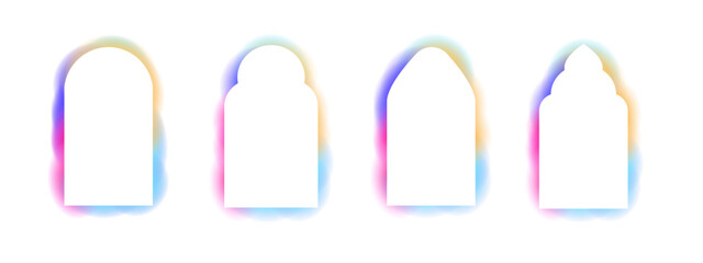 Y2k frame abstract arch, spectrum butterfly glow aura blur shapes, borders, rainbow spectrum shine color isolated on white background. 