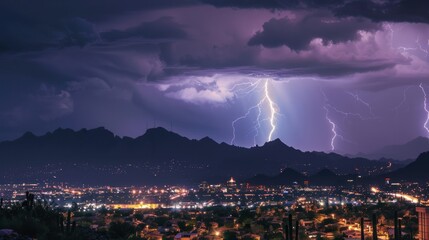 Amazing lightning over the desert with mountains in the background at night.