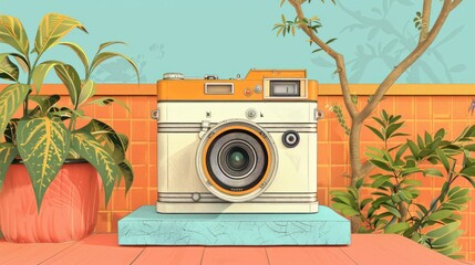 Vintage camera on teal stand, surrounded by tropical plants.