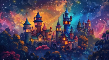 Magical castle town at night, colorful fantasy illustration.