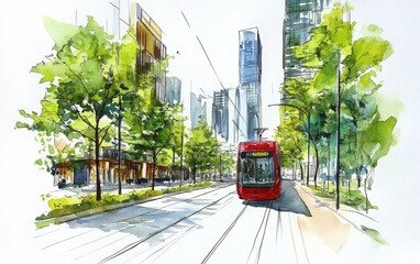 Obraz premium A detailed green watercolor sketch of a modern city street with trees and buildings, set against a white background. 