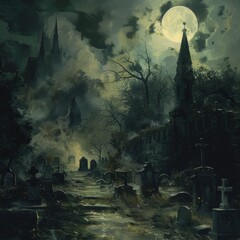 Obraz premium Eerie Night Scene in a Haunted Graveyard with Fog and Moonlight