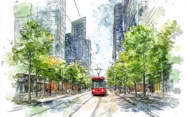 Naklejka premium A detailed green watercolor sketch of a modern city street with trees and buildings, set against a white background. 