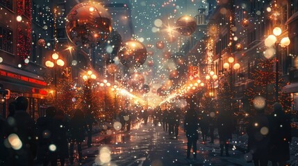 Festive snowy city street at night with Christmas decorations and people.