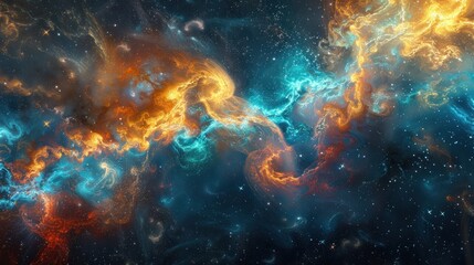 Cosmic nebula with swirling orange and blue gases.