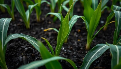Obraz premium Sweet corn seedlings in a rainy field with droplets of water glistening on the leaves