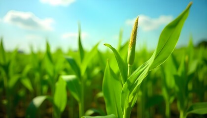 Obraz premium Sweet corn seedlings in a field on a windy day, with leaves swaying and a clear blue sky